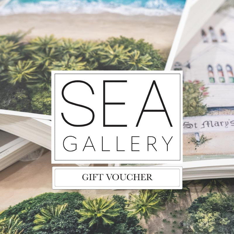 SEA Gallery gift voucher displayed over a coastal artwork background