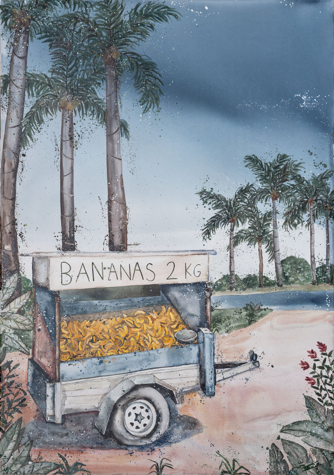 Banana Shack print: a trailer filled with bananas beside palm trees and a river, by Stephanie Elizabeth Artwork.