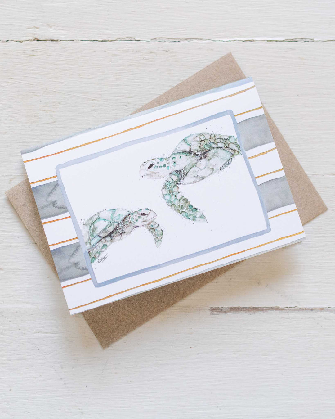 Better Together“ sea turtle greeting card with brown envelope, design by Stephanie Elizabeth Artwork.