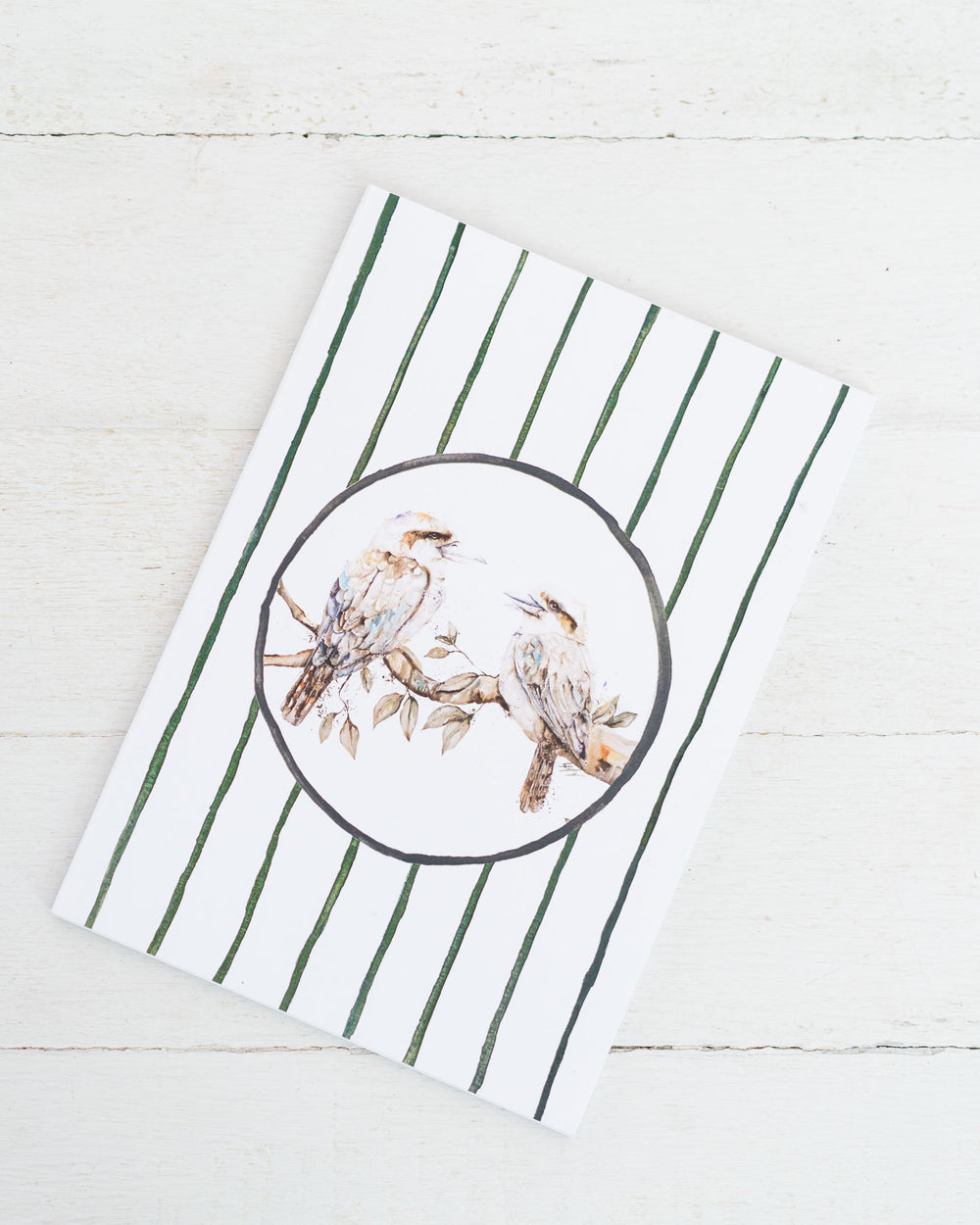 Branching Out Together A5 notebook with two birds on a green striped cover.