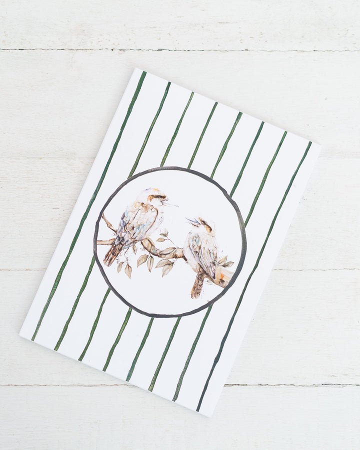 Branching Out Together A5 notebook with two birds on a green striped cover.