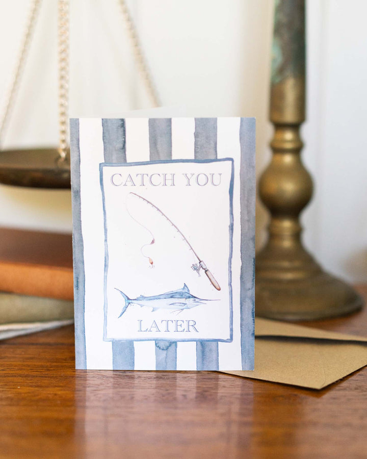 Catch You Later greeting card with watercolor fishing rod and fish design by Stephanie Elizabeth.