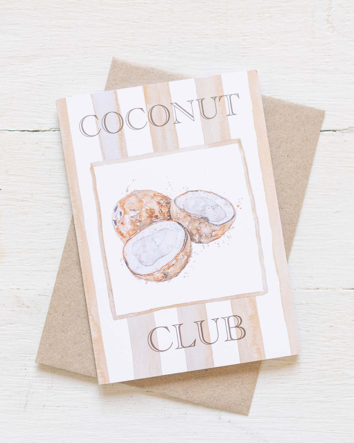 Coconut Club Greeting Card featuring cracked coconuts, paired with a brown envelope.