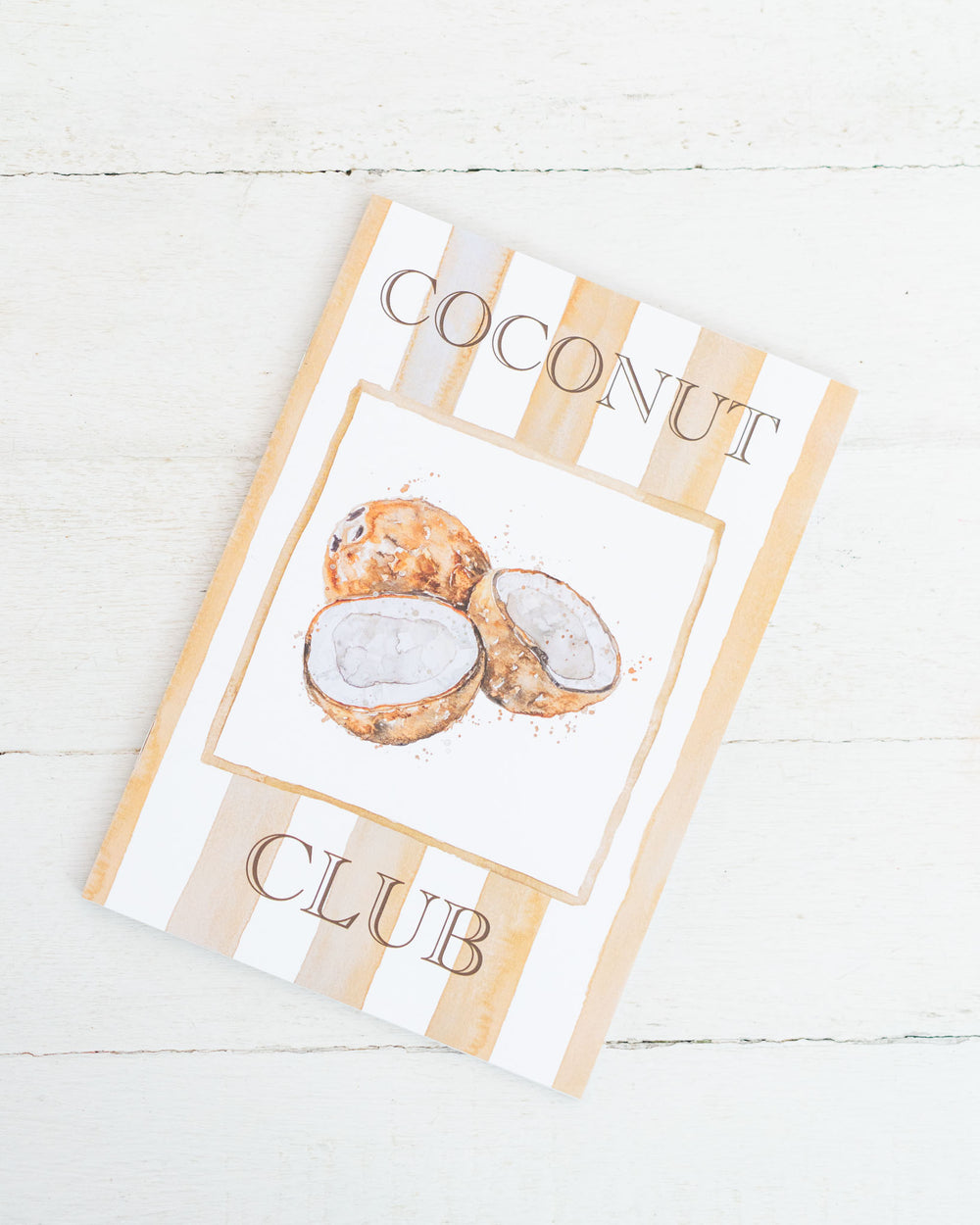 Coconut Club A5 notebook with coconut illustrations on white and beige striped cover, by Stephanie Elizabeth Artwork.