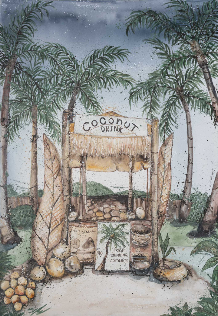 Coconut Hut by Stephanie Elizabeth shows a coconut drink stand nestled under swaying palm trees.