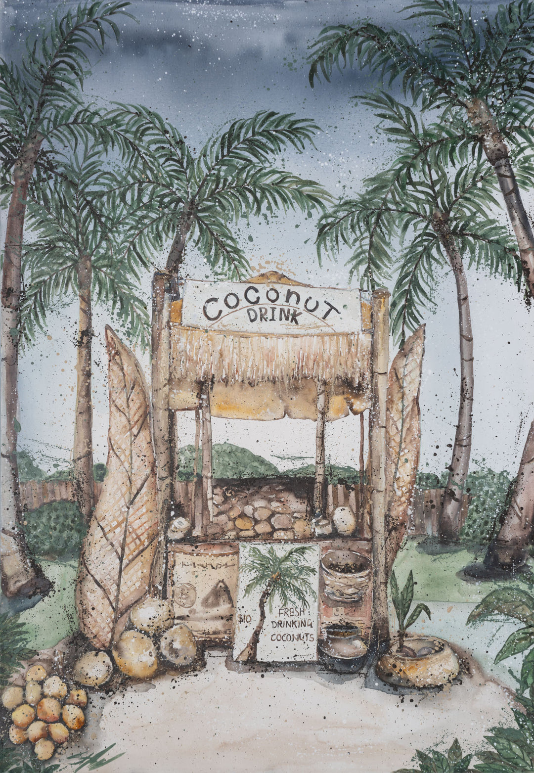 Coconut Hut print shows a tropical scene with palm trees, created by Stephanie Elizabeth Artwork.
