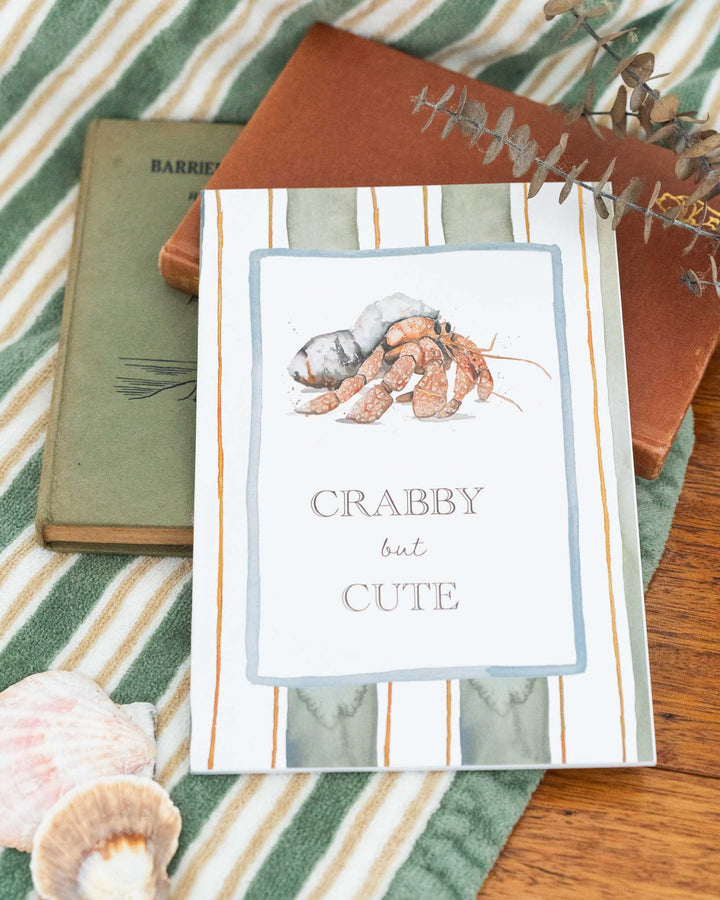 Crabby but Cute A5 lined notebook with cheerful crab illustration on the cover.