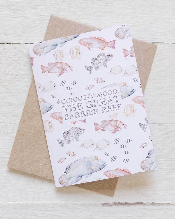 Current Mood: The Great Barrier Reef greeting card with colorful watercolor reef fish illustration.