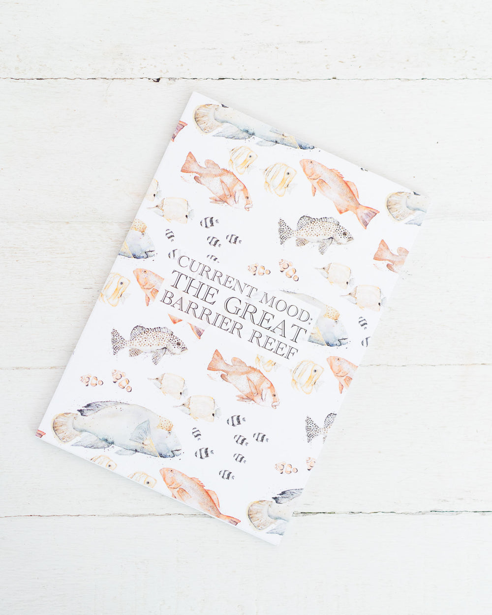 A5 lined notebook with reef fish illustration and “Current Mood: The Great Barrier Reef” on the cover.