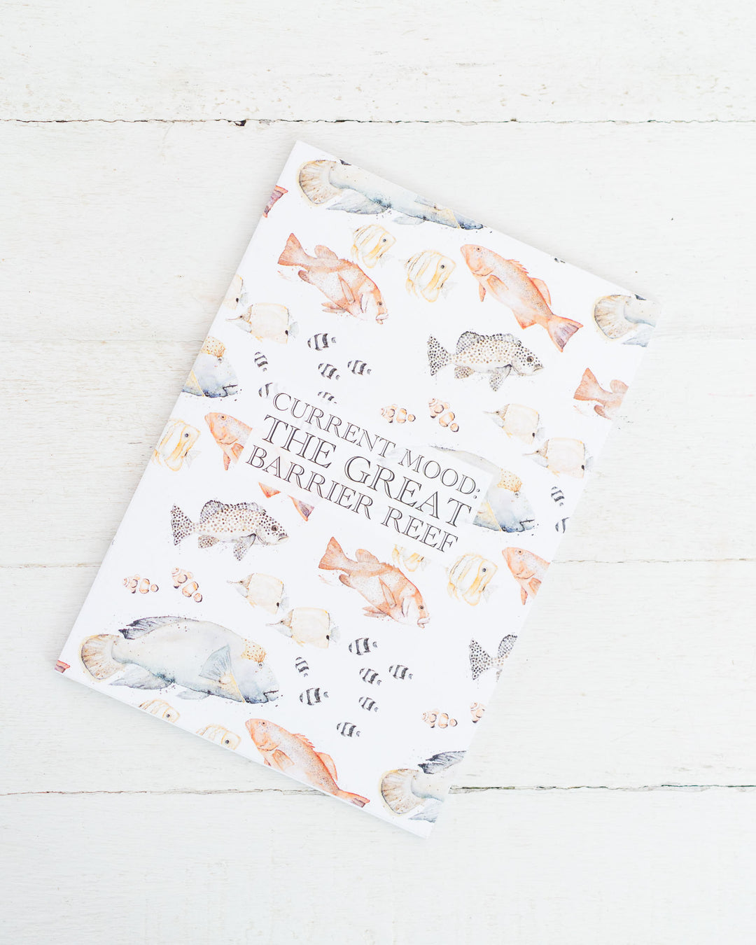 A5 lined notebook with reef fish illustration and “Current Mood: The Great Barrier Reef” on the cover.