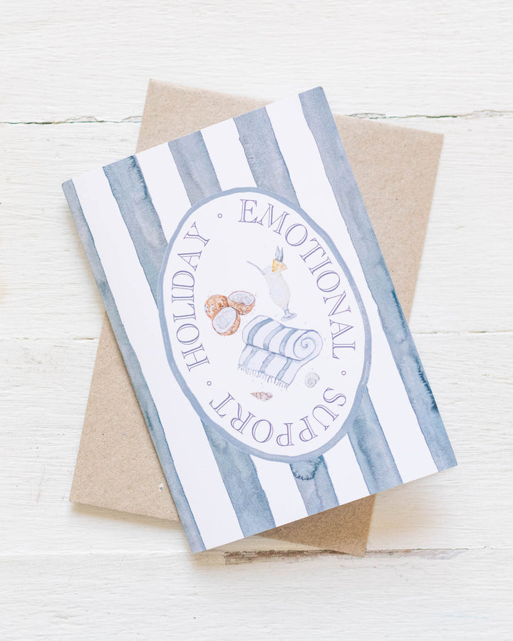 Emotional Support Holiday“ card with snack-themed art, eco-friendly design, includes a brown envelope.