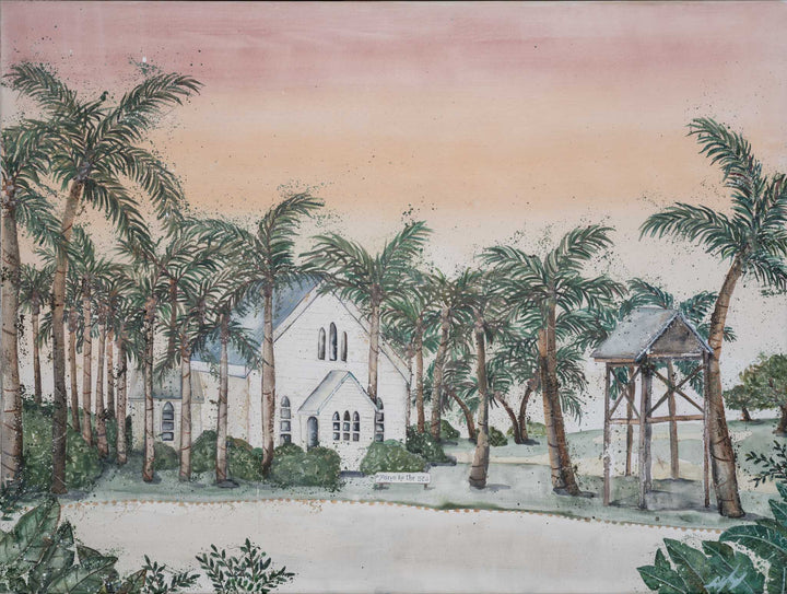 Far Northern Skies shows a white church and water tower among palm trees beneath a pastel orange sky.