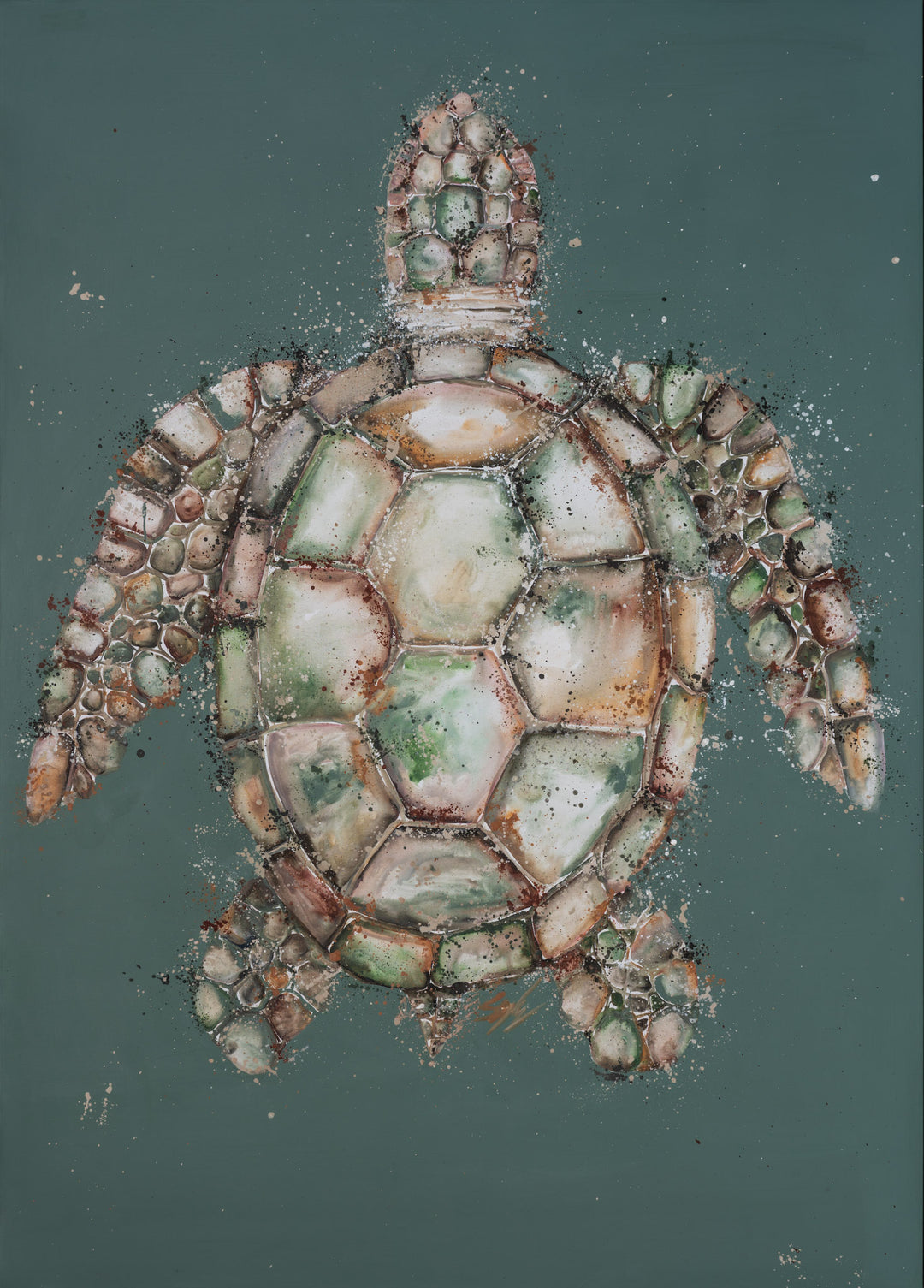 Floating Above by Stephanie Elizabeth, a top-view green sea turtle on a teal background, fine art print.