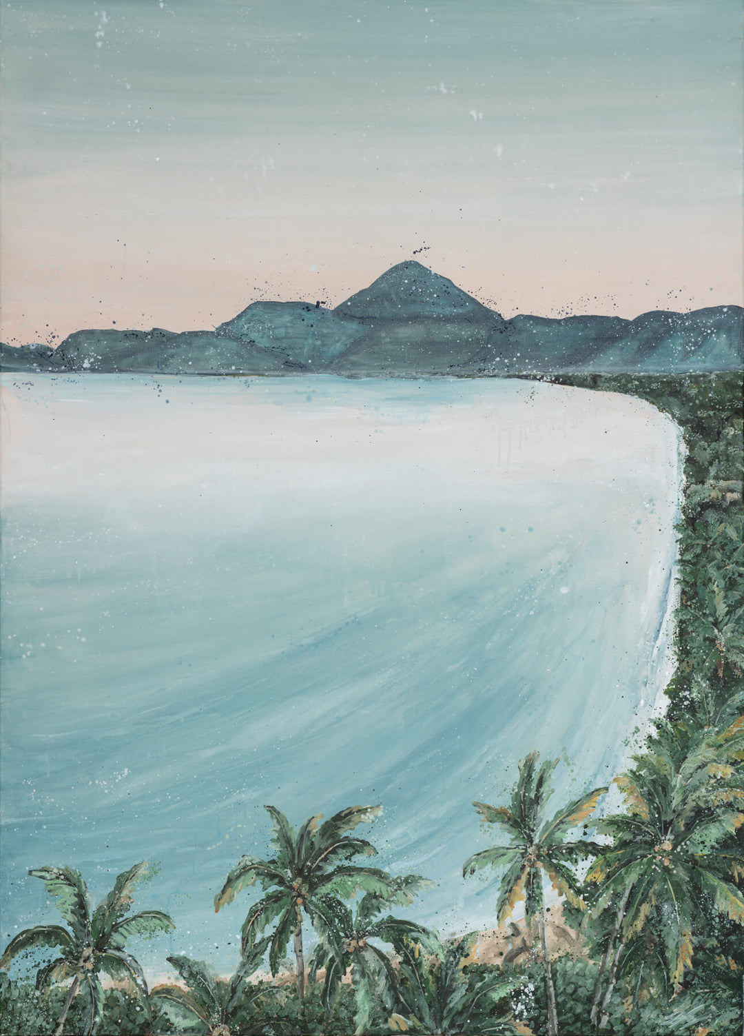 From the Lookout art print by Stephanie Elizabeth shows a tropical beach with palm trees and clear turquoise sea.