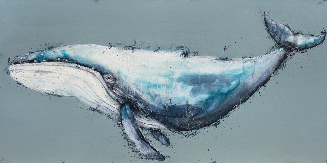 Halfway to the Deep Humpback Whale print shows a blue whale on a light gray background.