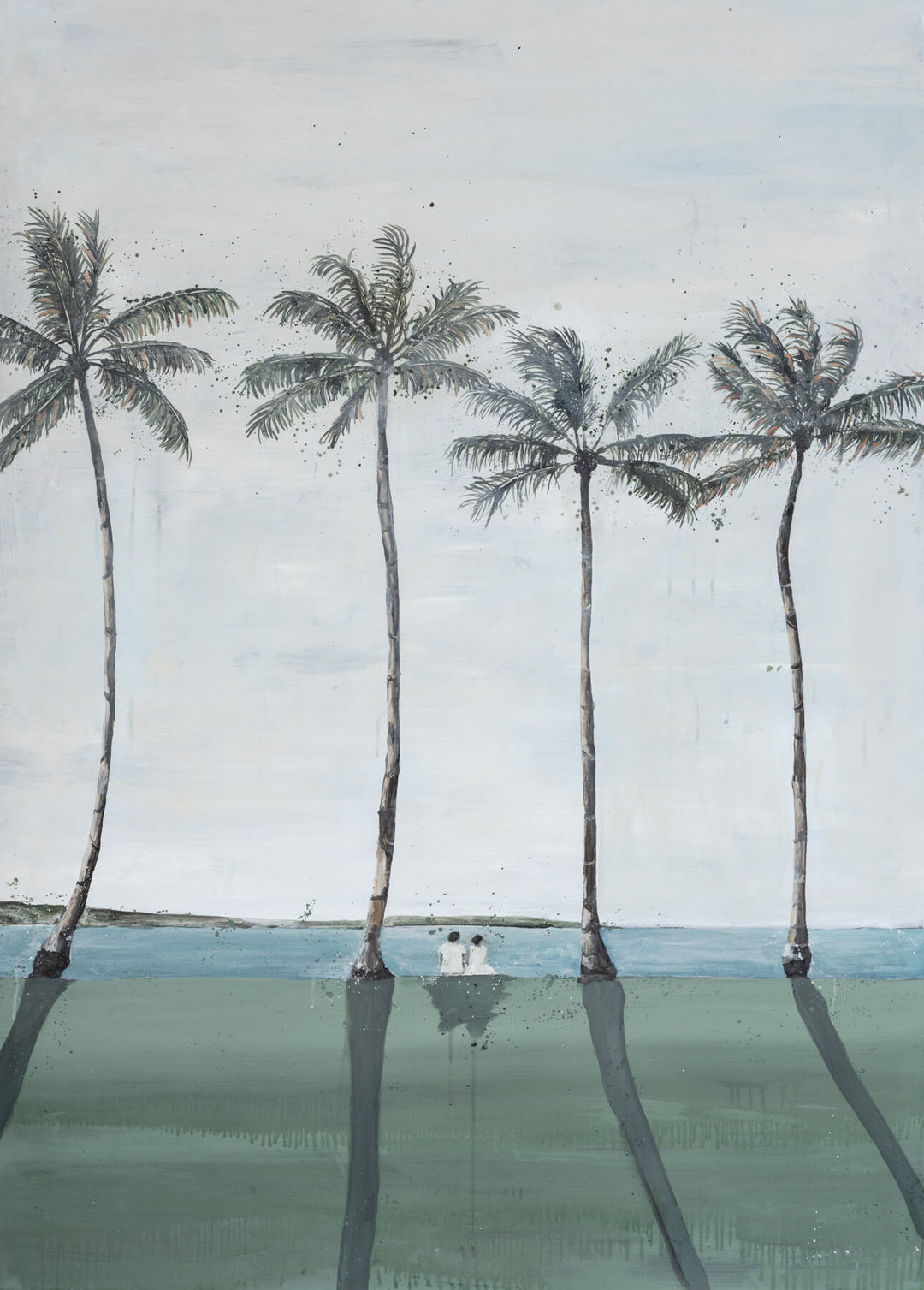 Four palm trees with long shadows on grass by the ocean in the Just Us fine art print.