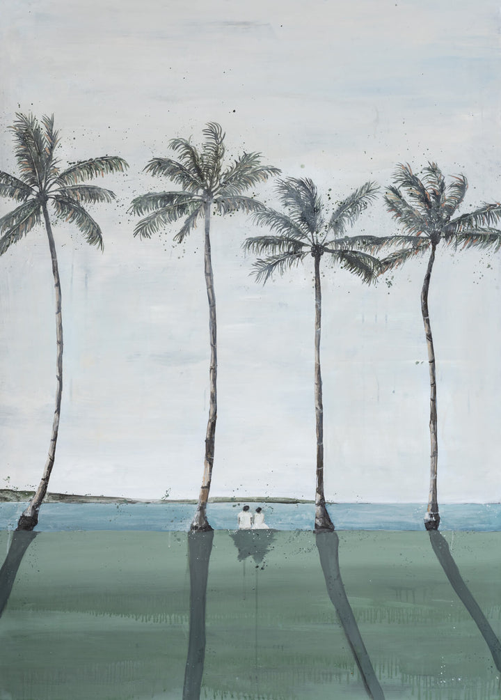 Four palm trees with long shadows on grass by the ocean in the Just Us fine art print.