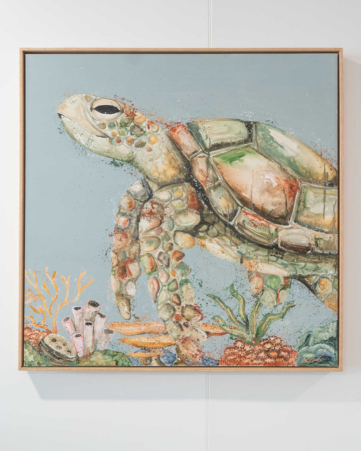 Lazy Days on Coral Cays shows a sea turtle swimming over coral in vibrant acrylics inspired by the Great Barrier Reef.