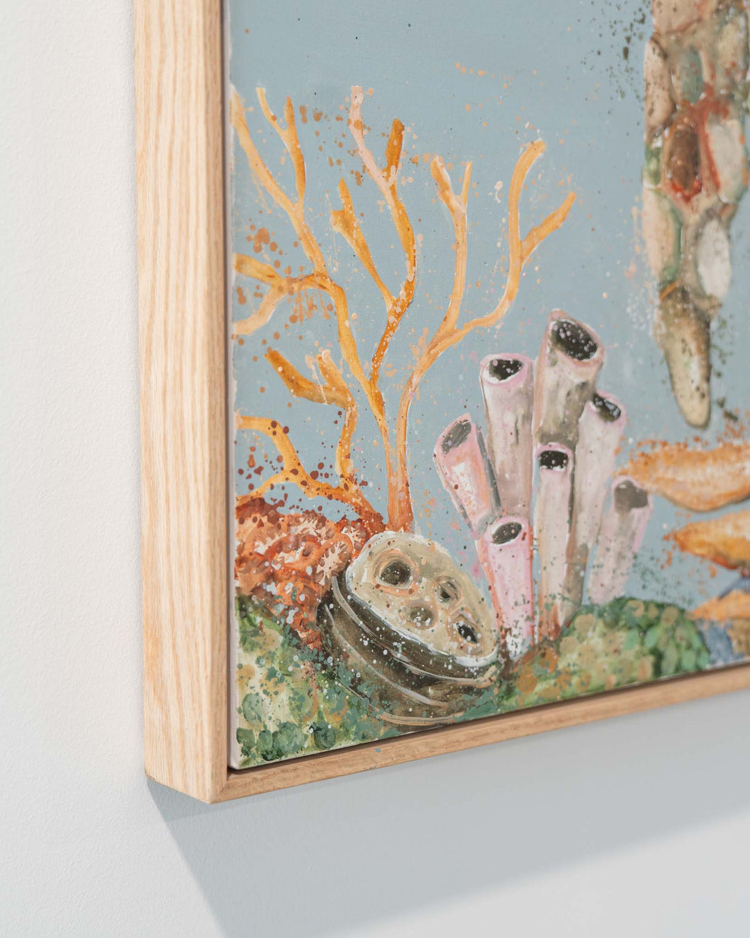 ‘Lazy Days on Coral Cays’ artwork in soft coral pastels featuring abstract undersea plants and organic shapes.