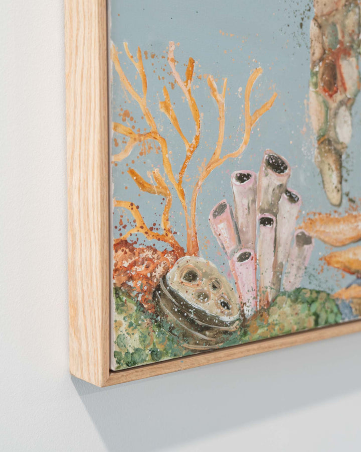 ‘Lazy Days on Coral Cays’ artwork in soft coral pastels featuring abstract undersea plants and organic shapes.
