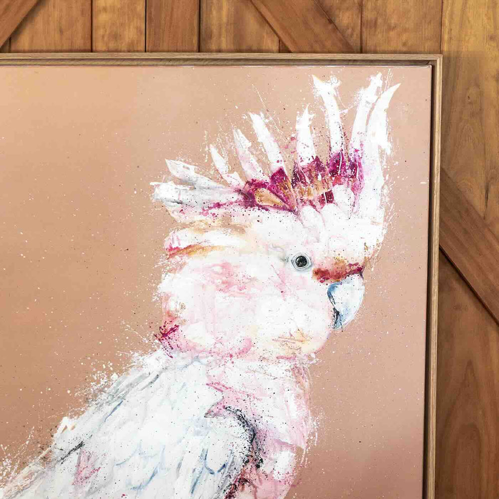 Close-up detail of Major Milestone by Stephanie Elizabeth, highlighting the pink crest and textured acrylic brushwork