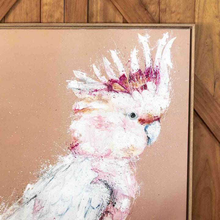 Close-up detail of Major Milestone by Stephanie Elizabeth, highlighting the pink crest and textured acrylic brushwork