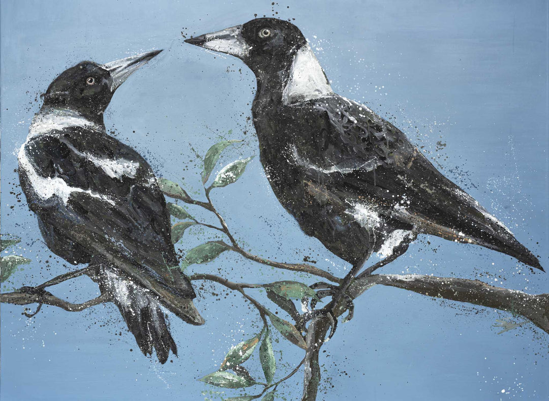 Monochrome Muses: magpies perched on a leafy branch, fine art print by Stephanie Elizabeth.