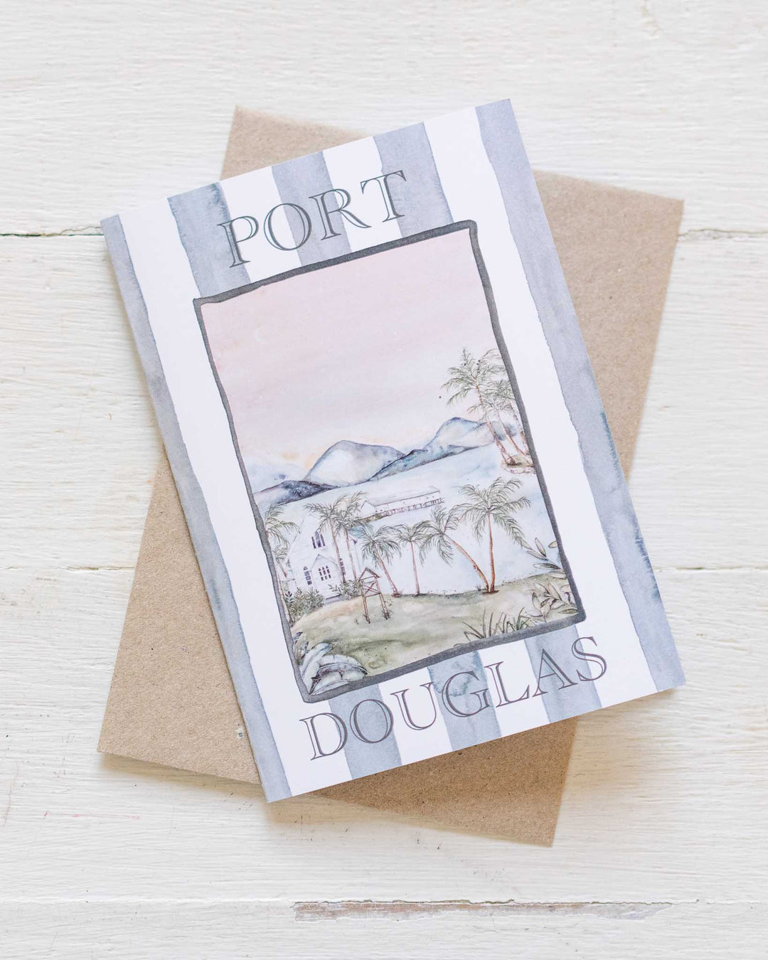 Port Douglas Greeting Card with hand-drawn mountains, trees, and a house on recycled paper.