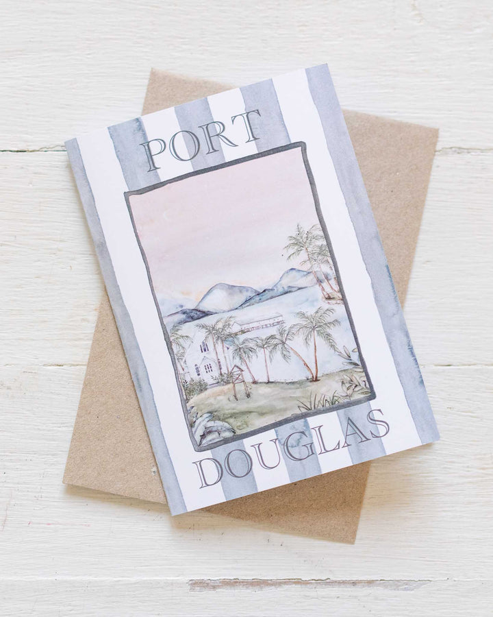 Port Douglas Greeting Card with hand-drawn mountains, trees, and a house on recycled paper.