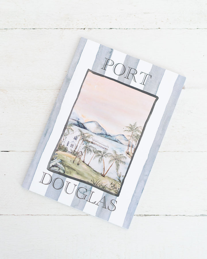 A5 lined notebook featuring a watercolor coastal scene with St Mary’s by the Sea, Port Douglas, by Stephanie Elizabeth.