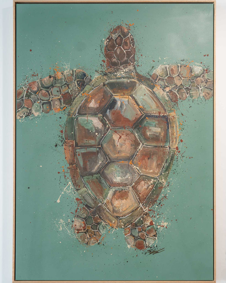 Running on Good Vibes: brown and green sea turtle with a detailed shell, painted in acrylic on a teal background.