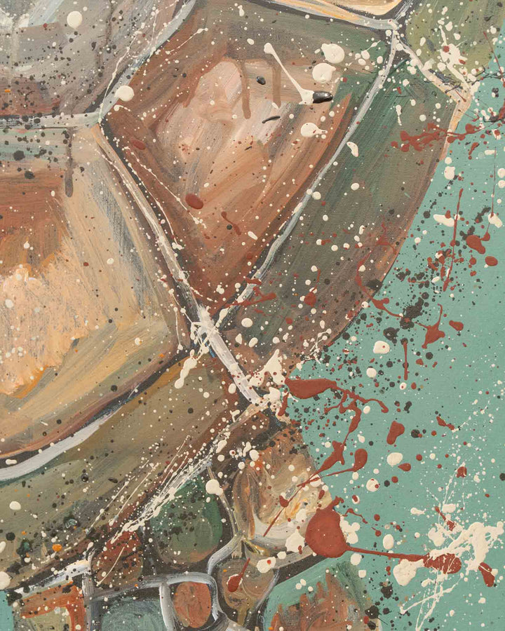 Running on Good Vibes: abstract acrylic with brown, green, teal shapes and white and red paint splatters.