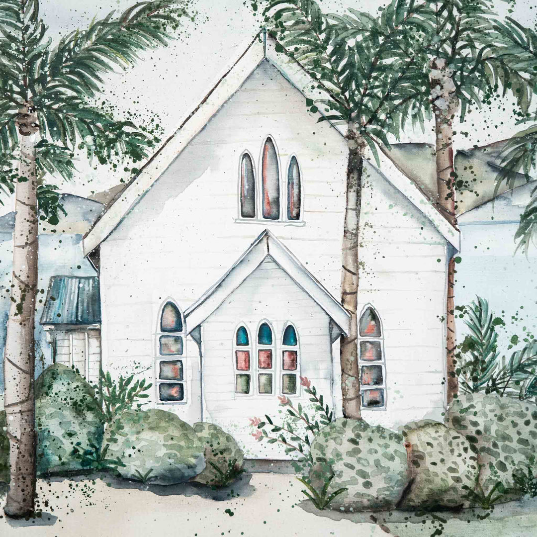 She May Be A Hundred Different Things: watercolor showing a white chapel surrounded by palm trees and bushes.