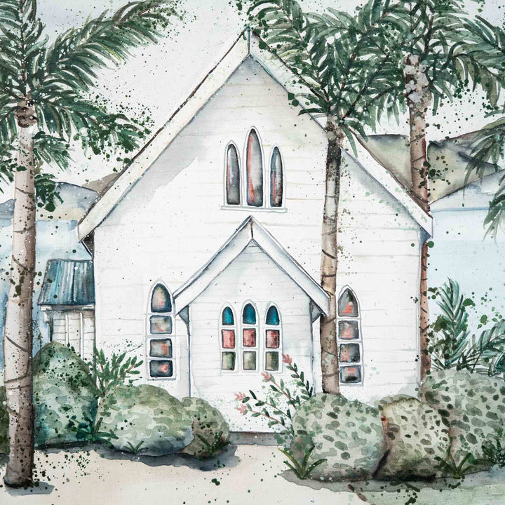 She May Be A Hundred Different Things: watercolor showing a white chapel surrounded by palm trees and bushes.