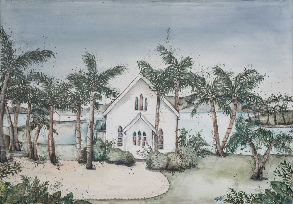 “She May Be A Hundred Different Things” shows a white church beside calm water, painted in acrylic on canvas.