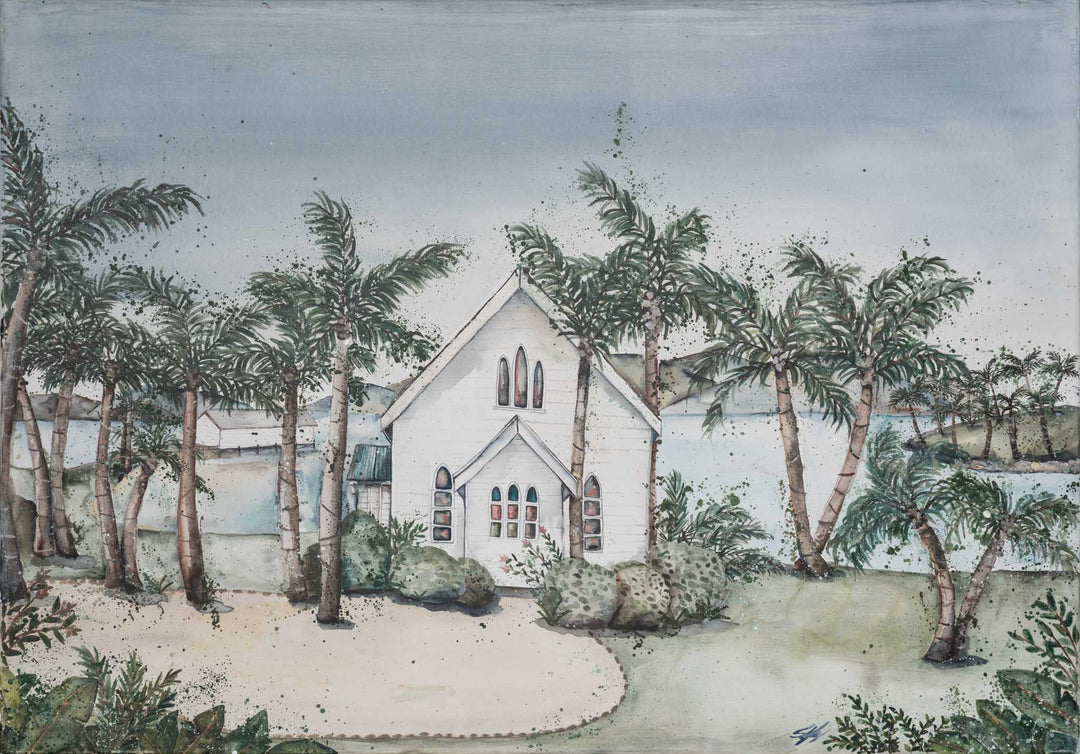 “She May Be A Hundred Different Things” shows a white church beside calm water, painted in acrylic on canvas.