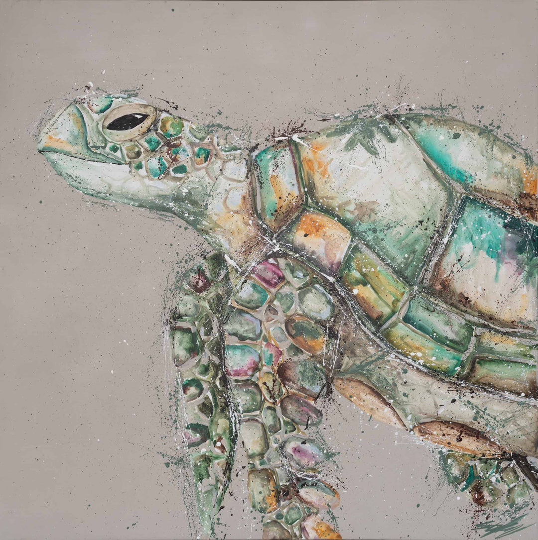 Solstice Serenity, an acrylic sea turtle painting on canvas by Stephanie Elizabeth, shows a vibrant turtle swimming peacefully.