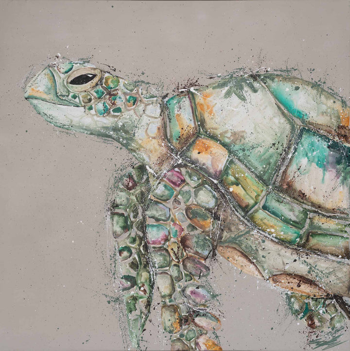 Solstice Serenity, an acrylic sea turtle painting on canvas by Stephanie Elizabeth, shows a vibrant turtle swimming peacefully.