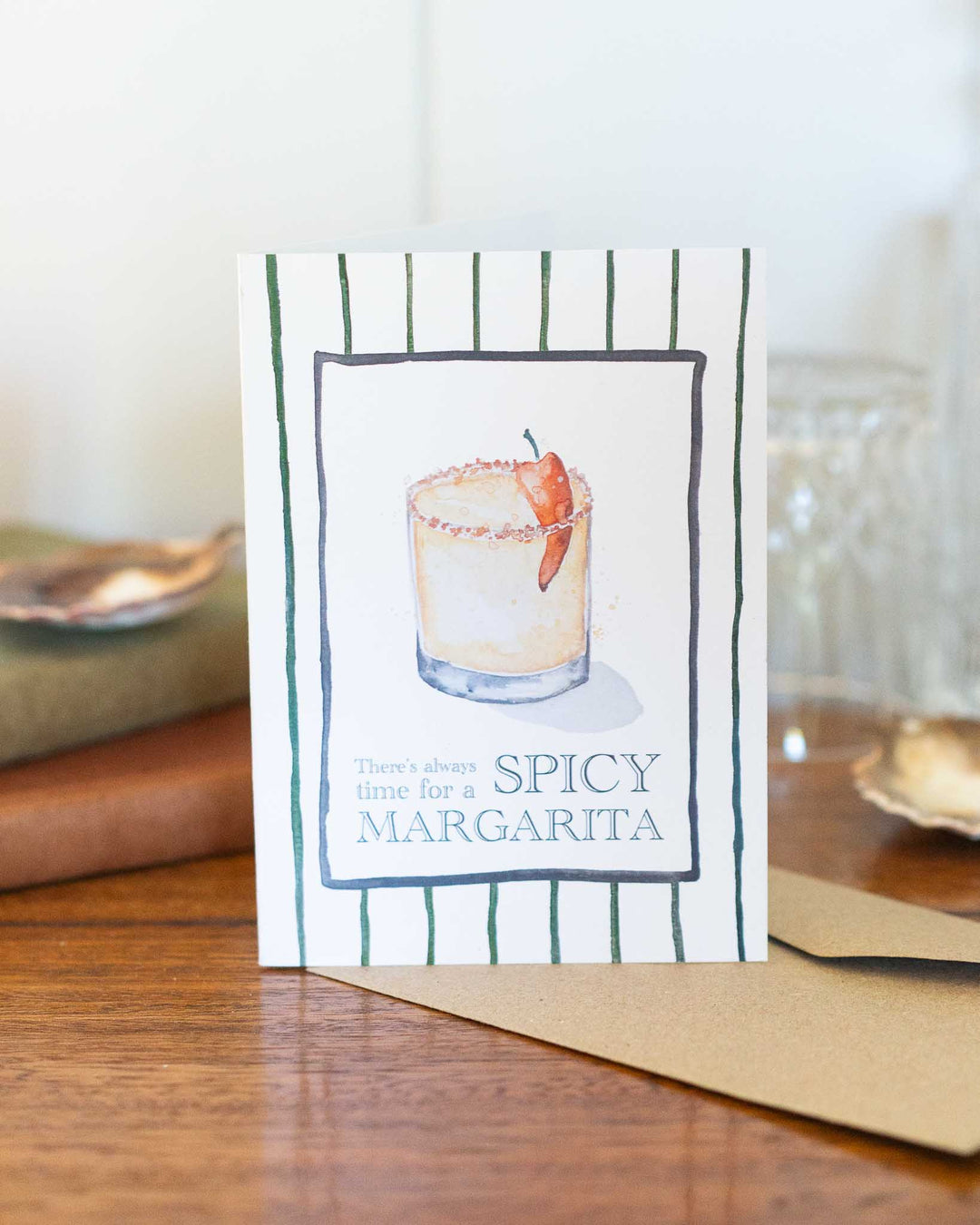 Spicy Margarita greeting card featuring a colorful spicy margarita illustration and playful cocktail-themed quote.