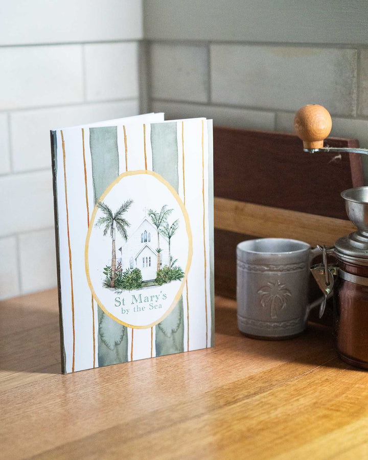 St Mary’s by the Sea A5 lined notebook with palm trees, Port Douglas-inspired design by Stephanie Elizabeth Artwork.