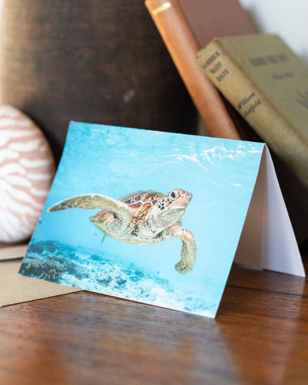 Surfs Up Greeting Card featuring a sea turtle illustration on eco-friendly paper.