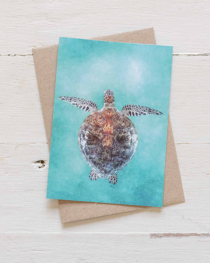 Technicolour Beat greeting card with vibrant sea turtle photo and a recycled brown envelope.