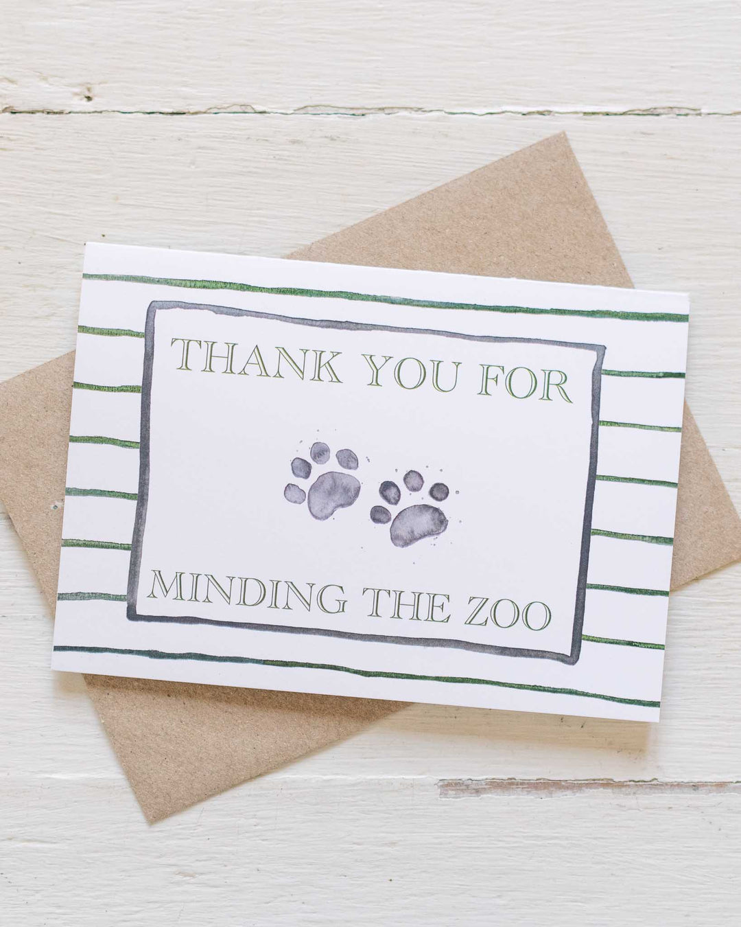 “Thank You For Minding The Zoo” card with paw prints, stripes, and matching envelope.