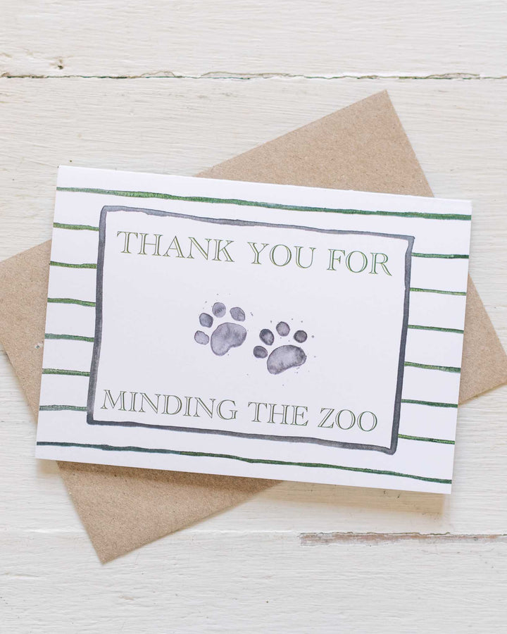 “Thank You For Minding The Zoo” card with paw prints, stripes, and matching envelope.
