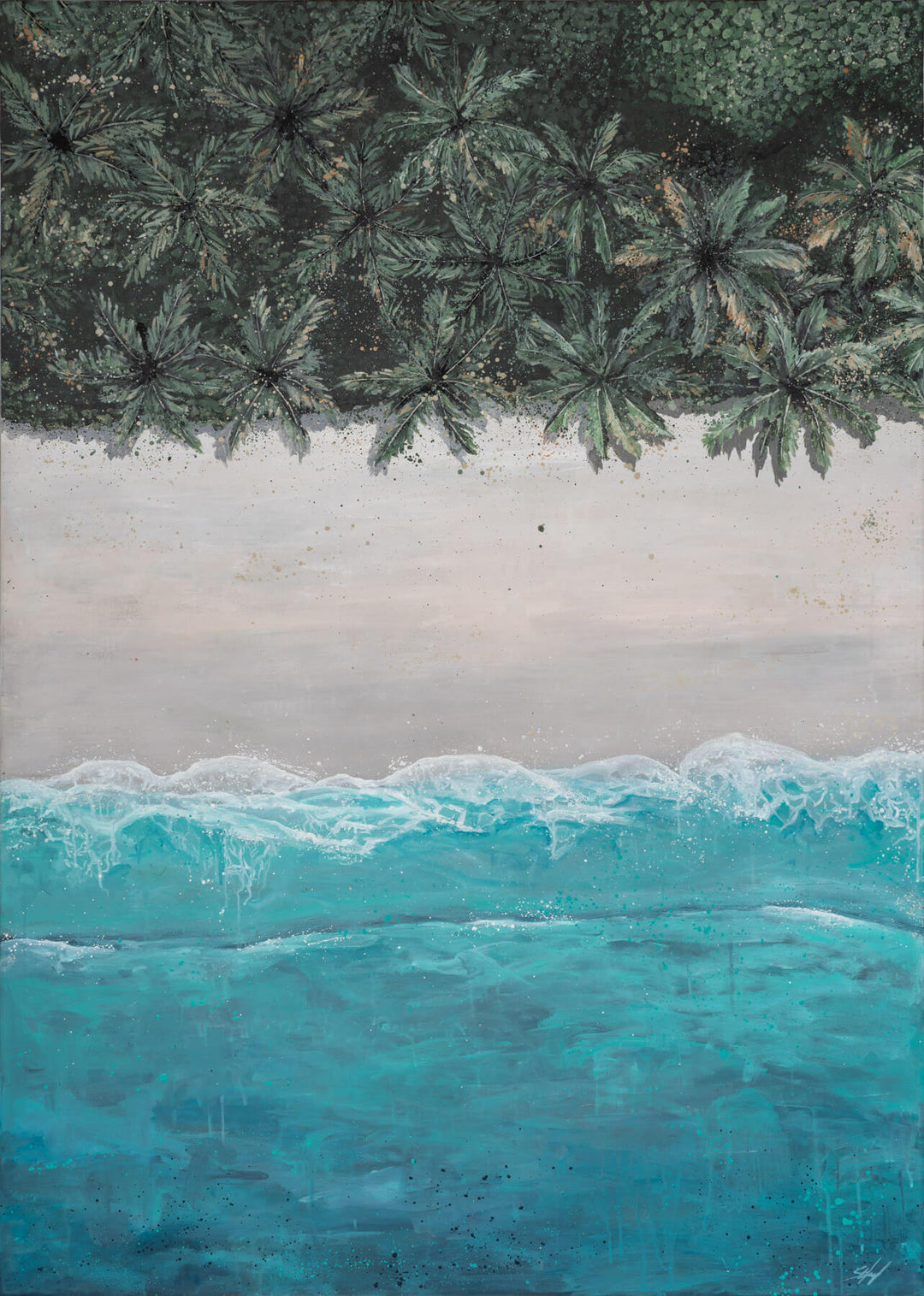 Turquoise waves and palm trees in The Path Between art print by Stephanie Elizabeth Artwork, aerial perspective.