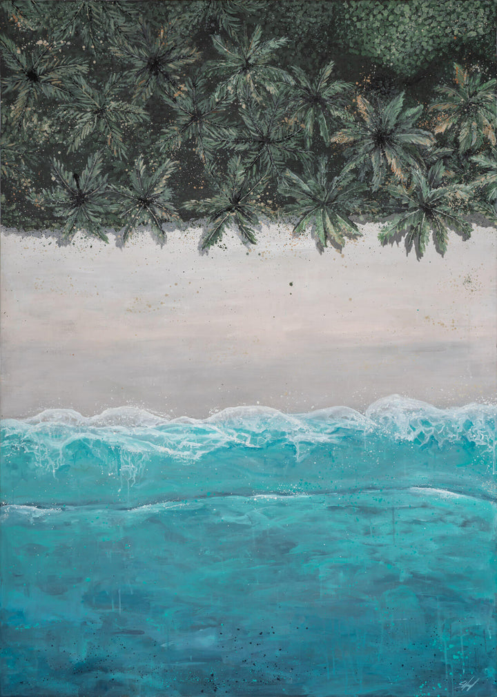 Turquoise waves and palm trees in The Path Between art print by Stephanie Elizabeth Artwork, aerial perspective.