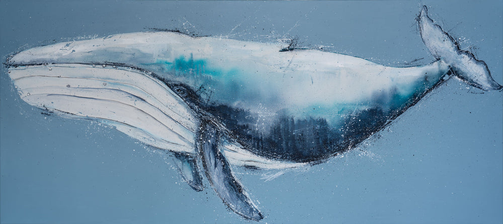 View from the Big Blue by Stephanie Elizabeth Artwork, featuring an abstract whale in shades of blue and white.