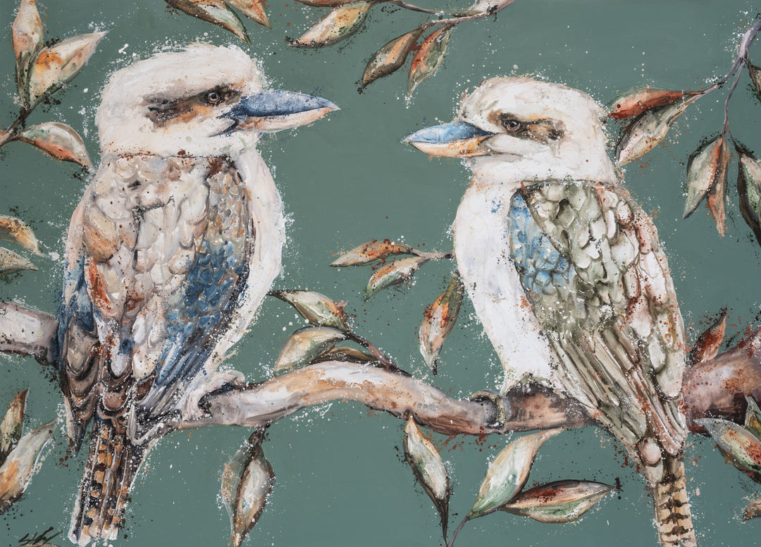 We Belong Together art print featuring two kookaburras perched on a branch among native Australian foliage.