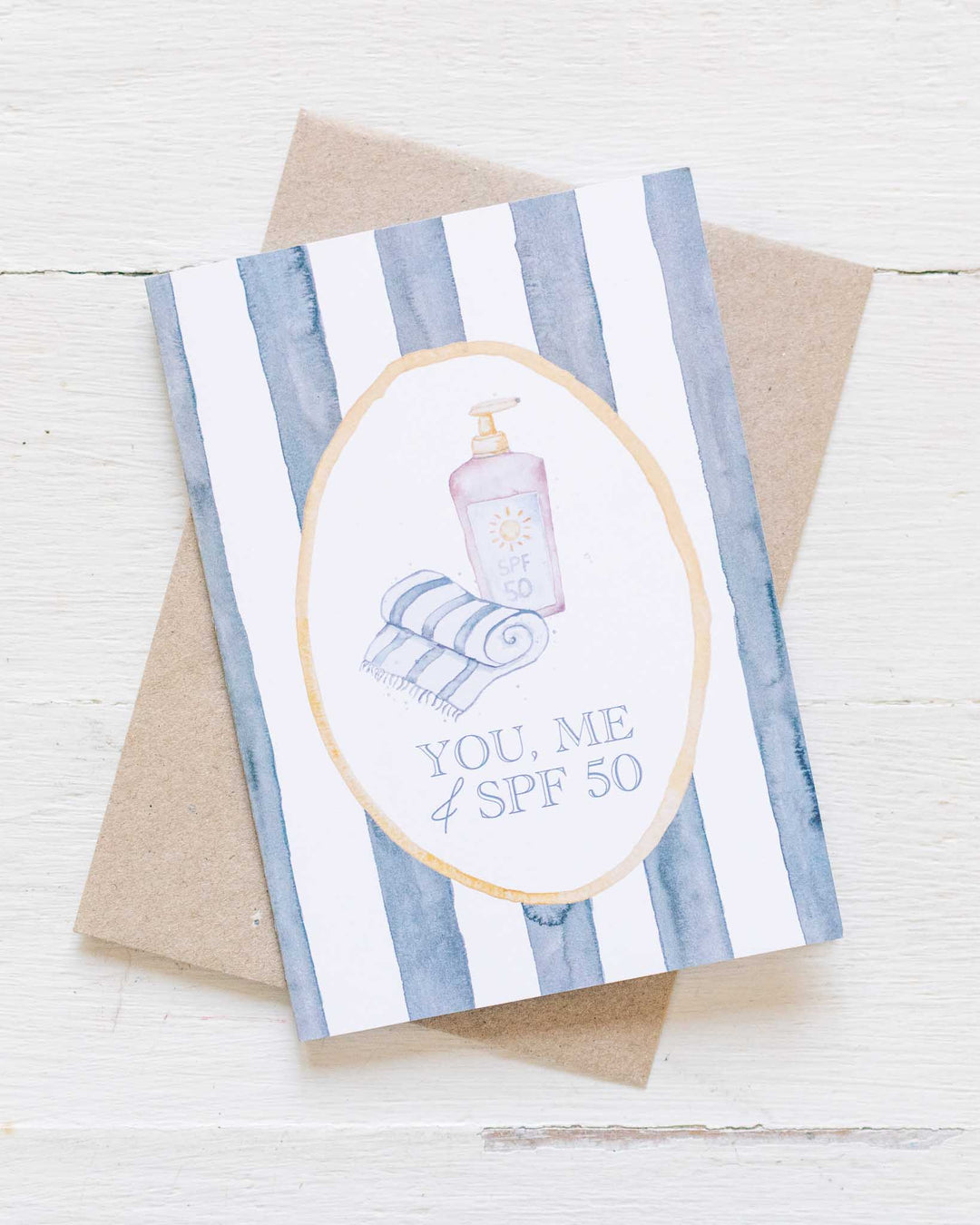 You, Me and SPF 50 greeting card with illustrated lotion bottle and towel on colorful striped background.