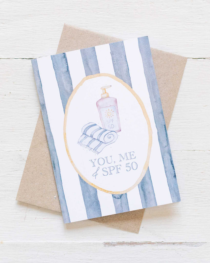 You, Me and SPF 50 greeting card with illustrated lotion bottle and towel on colorful striped background.
